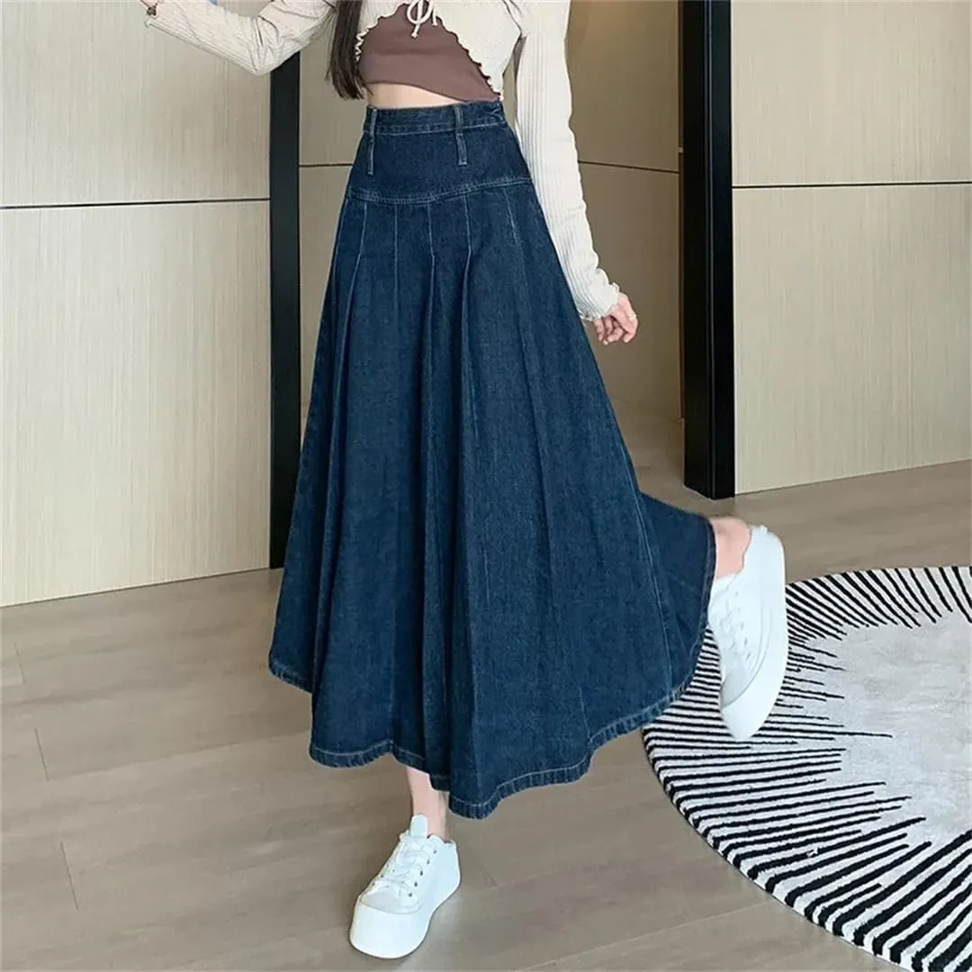 Women Pleated Jeans Skirts Spring Autumn High Waist Long Washing Straight Loose Denim Midi Skirts