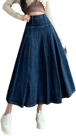 Women Pleated Jeans Skirts Spring Autumn High Waist Long Washing Straight Loose Denim Midi Skirts