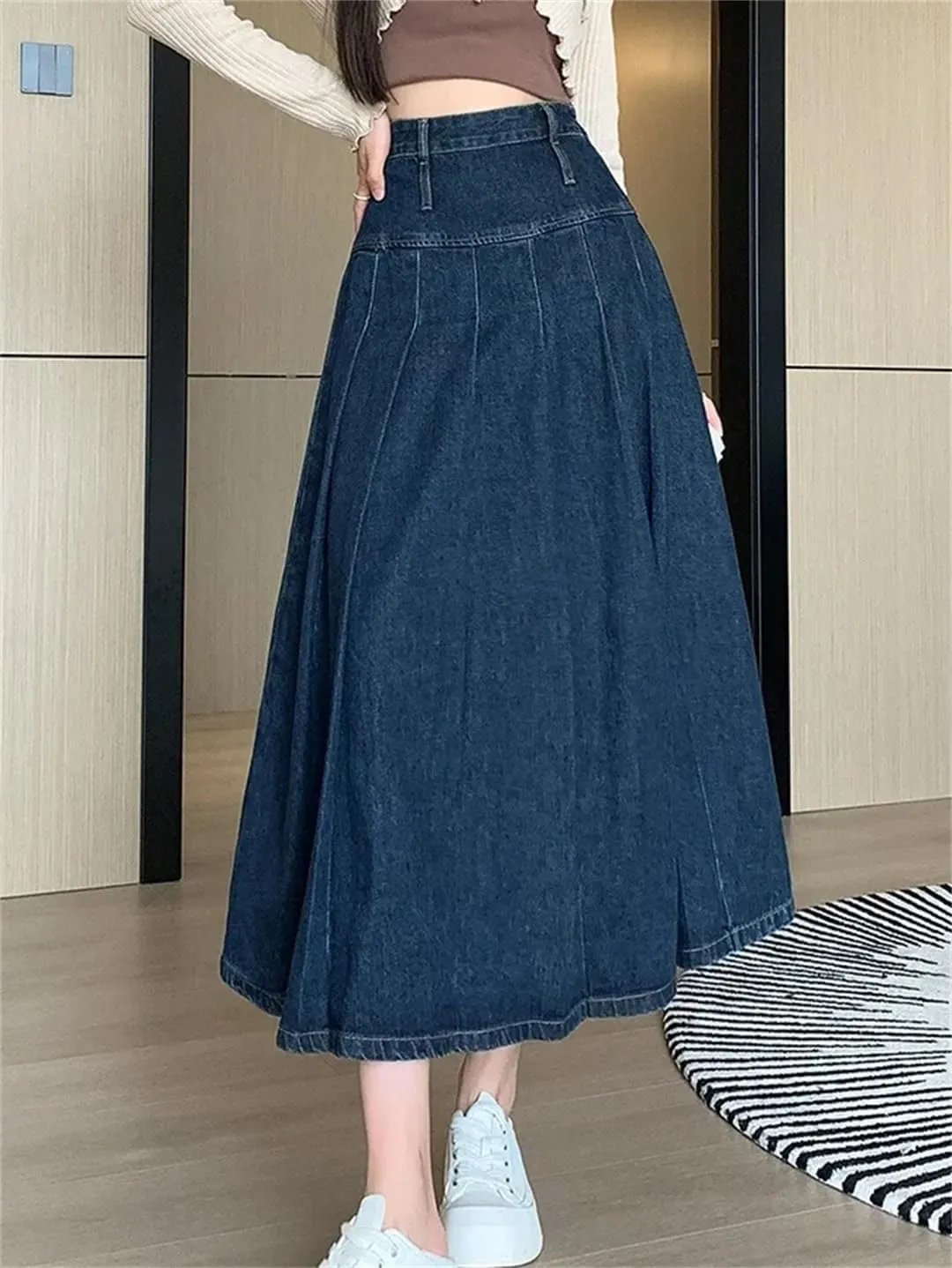 Women Pleated Jeans Skirts Spring Autumn High Waist Long Washing Straight Loose Denim Midi Skirts