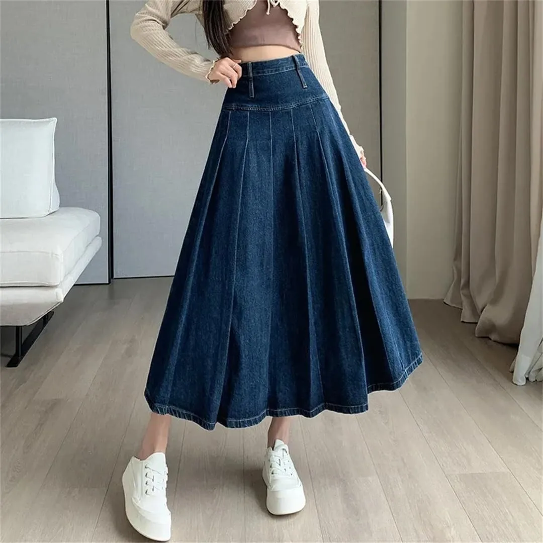 Women Pleated Jeans Skirts Spring Autumn High Waist Long Washing Straight Loose Denim Midi Skirts