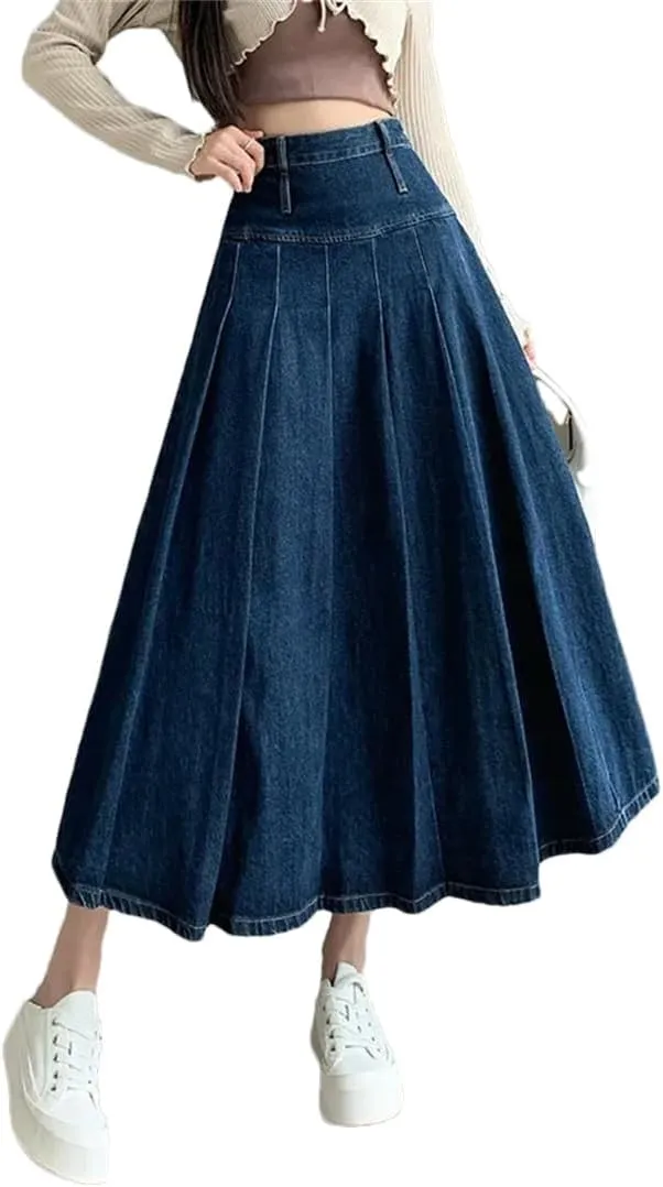 Women Pleated Jeans Skirts Spring Autumn High Waist Long Washing Straight Loose Denim Midi Skirts