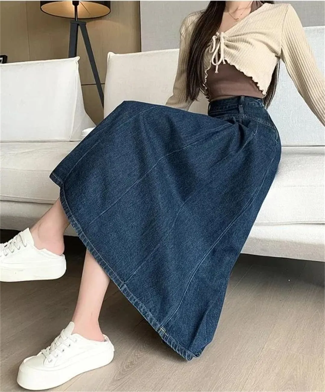 Women Pleated Jeans Skirts Spring Autumn High Waist Long Washing Straight Loose Denim Midi Skirts