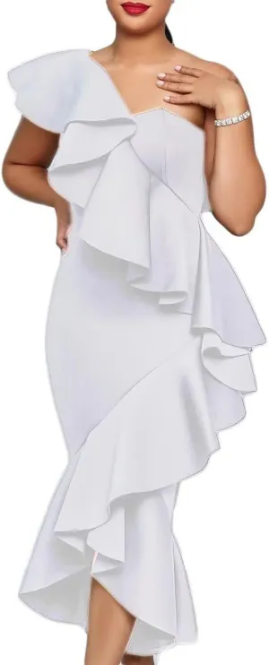 Women Plus Size One Shoulder Ruffle Formal Dress Evening Party Elegant Midi Bodycon Wedding Party Dress