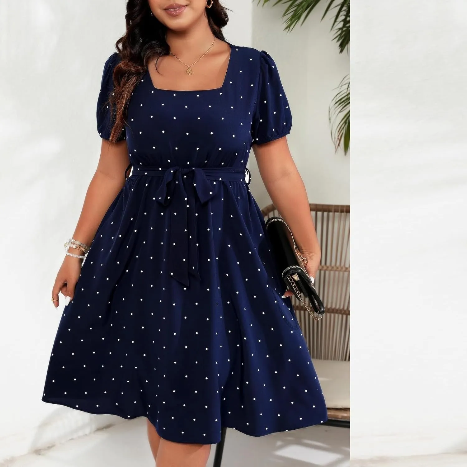 Women Plus Size Wedding Cocktail Midi Dress Summer Polka Dot Puff Sleeve Square Neck Belted A-Line Flowy Dresses