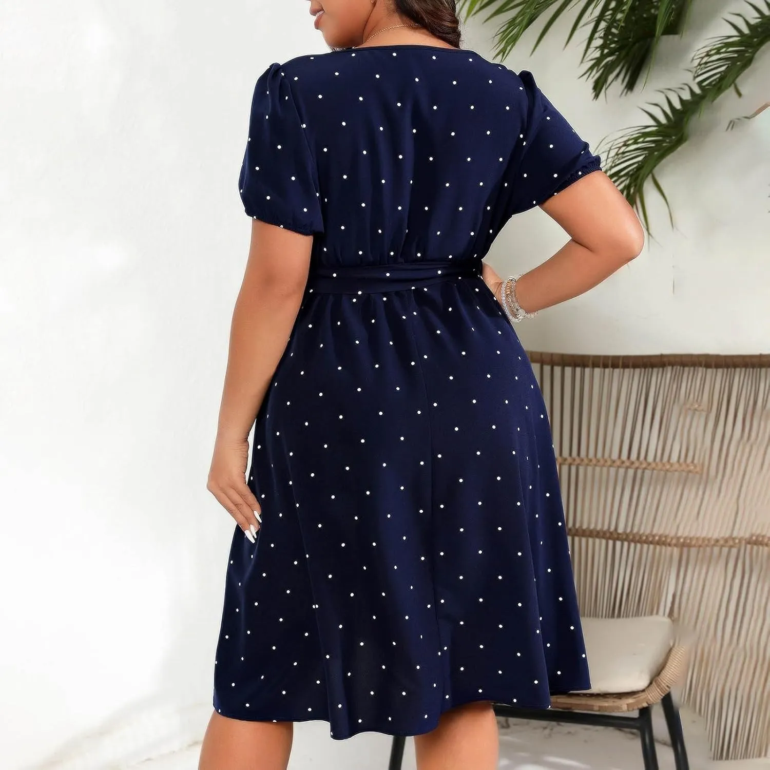 Women Plus Size Wedding Cocktail Midi Dress Summer Polka Dot Puff Sleeve Square Neck Belted A-Line Flowy Dresses