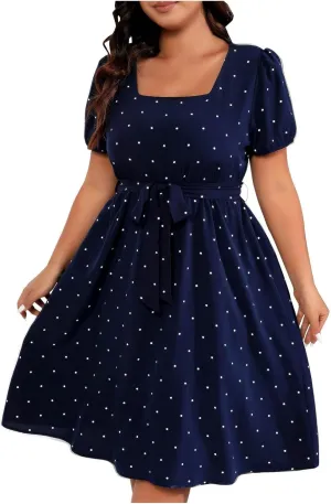 Women Plus Size Wedding Cocktail Midi Dress Summer Polka Dot Puff Sleeve Square Neck Belted A-Line Flowy Dresses