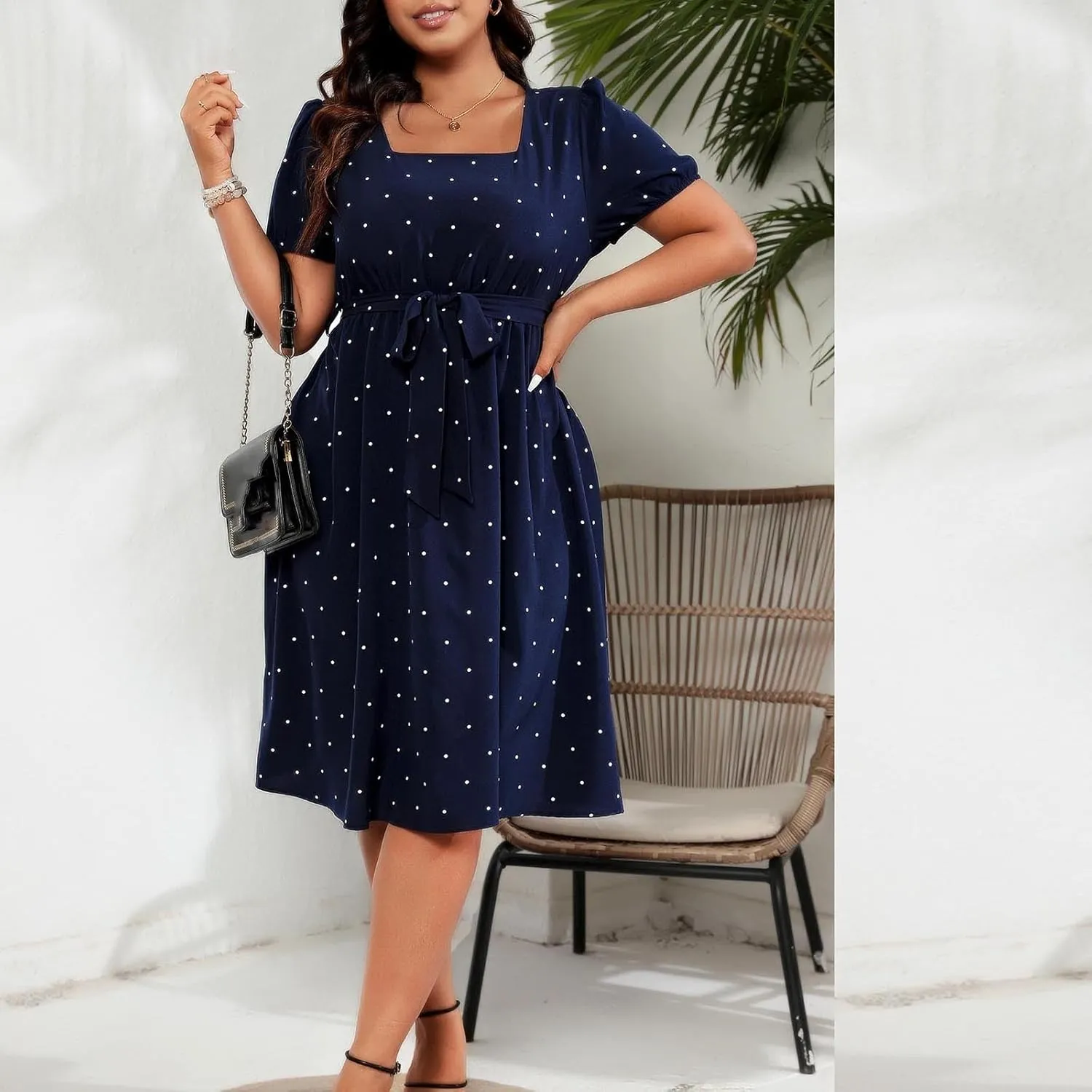Women Plus Size Wedding Cocktail Midi Dress Summer Polka Dot Puff Sleeve Square Neck Belted A-Line Flowy Dresses