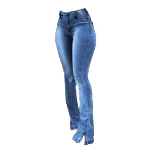 Women Skinny Ripped Bell Bottom Jeans High Waisted Split Hem Flared Denim Pants Distressed Wide Leg Jean Trouser (Dark Blue,Large)