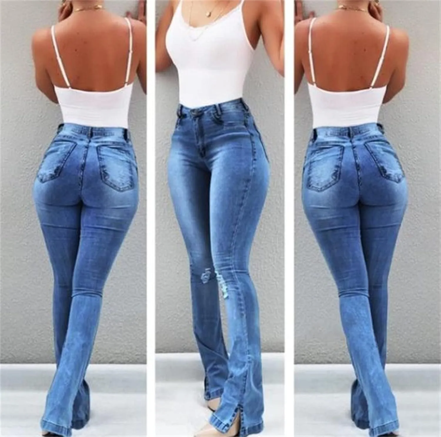 Women Skinny Ripped Bell Bottom Jeans High Waisted Split Hem Flared Denim Pants Distressed Wide Leg Jean Trouser (Dark Blue,Large)