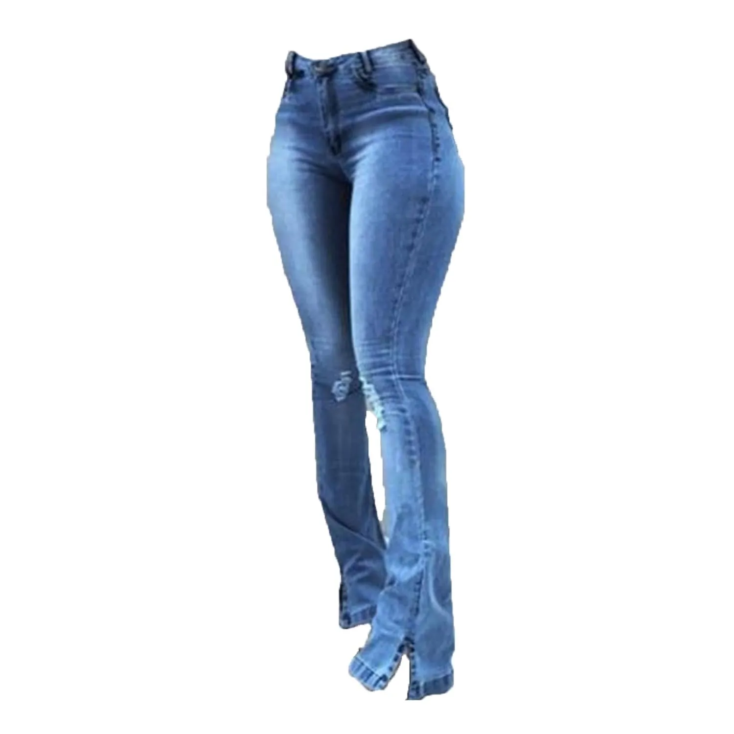 Women Skinny Ripped Bell Bottom Jeans High Waisted Split Hem Flared Denim Pants Distressed Wide Leg Jean Trouser (Dark Blue,Large)