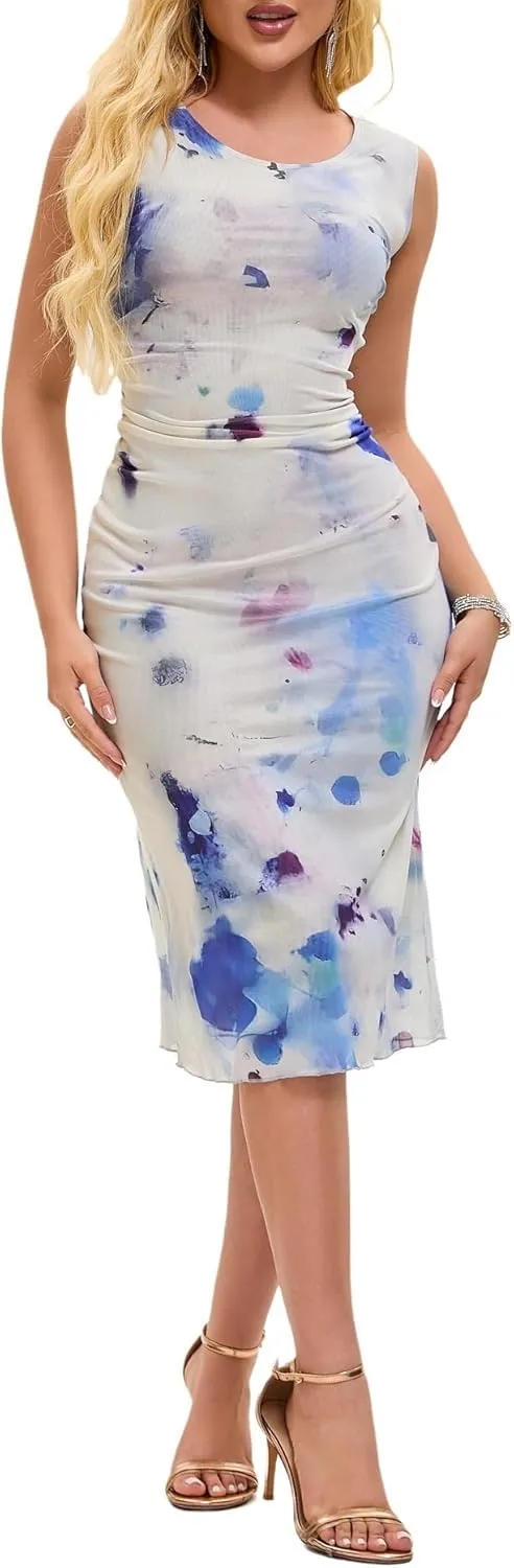 Women Sleeveless Summer Bodycon Tie Dye Mesh Midi Ruched Tank Dress