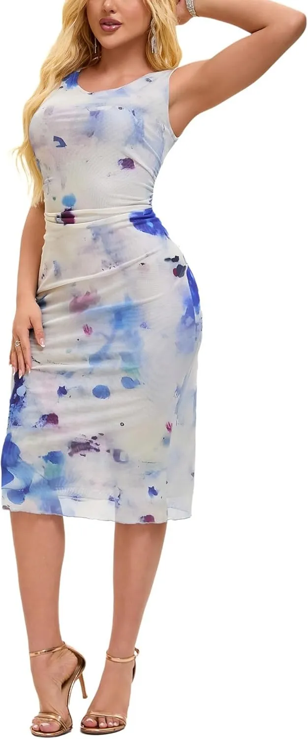 Women Sleeveless Summer Bodycon Tie Dye Mesh Midi Ruched Tank Dress