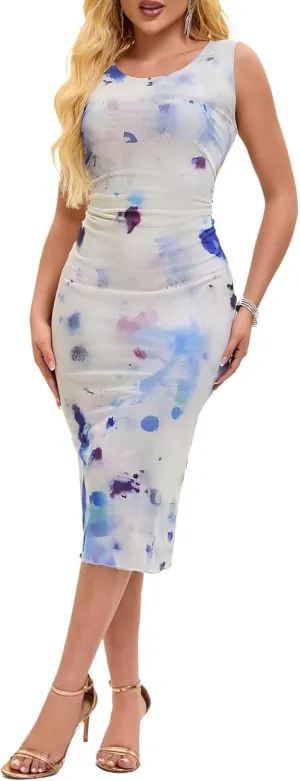 Women Sleeveless Summer Bodycon Tie Dye Mesh Midi Ruched Tank Dress