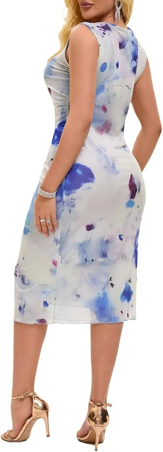 Women Sleeveless Summer Bodycon Tie Dye Mesh Midi Ruched Tank Dress