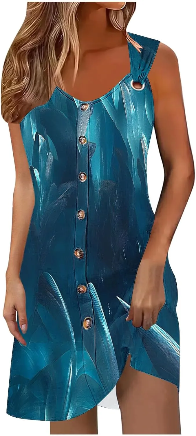 Women Summer Dresses Scoop Neck O-Ring Shoulder Sleeveless Button Tank Sundress 2025 Casual Beach A-Line Mini Dress