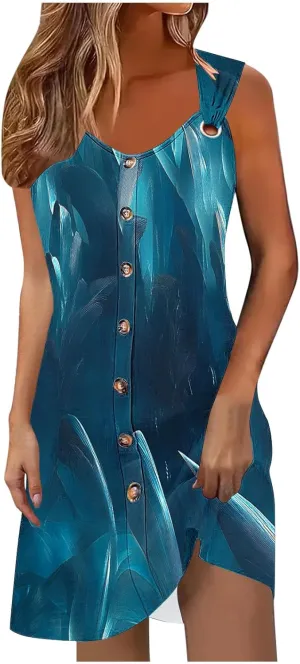 Women Summer Dresses Scoop Neck O-Ring Shoulder Sleeveless Button Tank Sundress 2025 Casual Beach A-Line Mini Dress