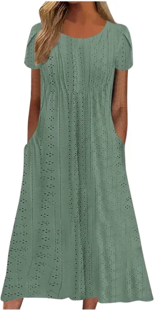 Women Summer Eyelet Dress Casual Petal Short Sleeve Crew Neck Maxi Dresses Loose Tunic Sun Dress with Pockets