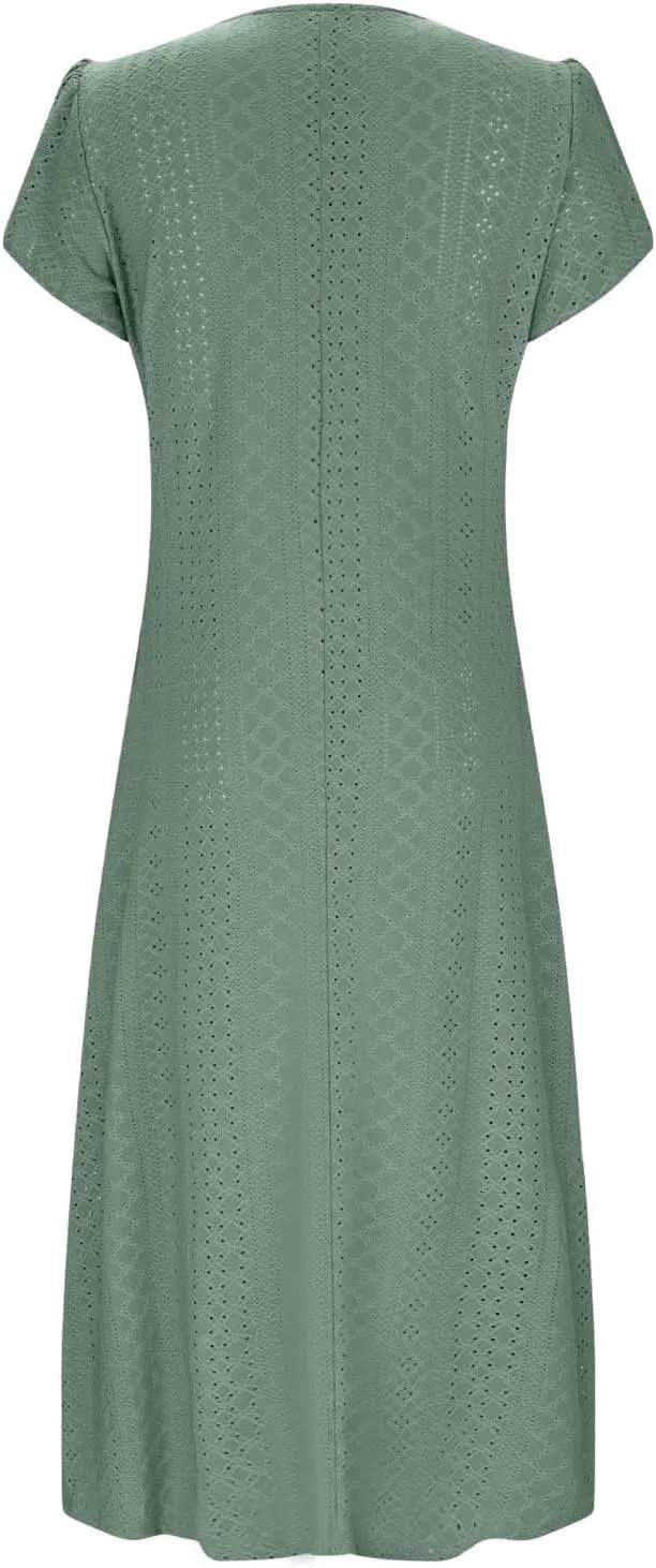 Women Summer Eyelet Dress Casual Petal Short Sleeve Crew Neck Maxi Dresses Loose Tunic Sun Dress with Pockets