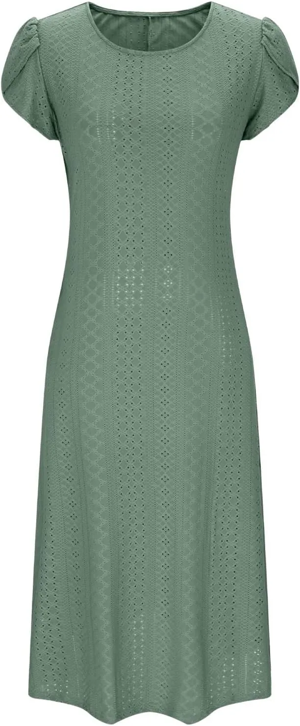 Women Summer Eyelet Dress Casual Petal Short Sleeve Crew Neck Maxi Dresses Loose Tunic Sun Dress with Pockets