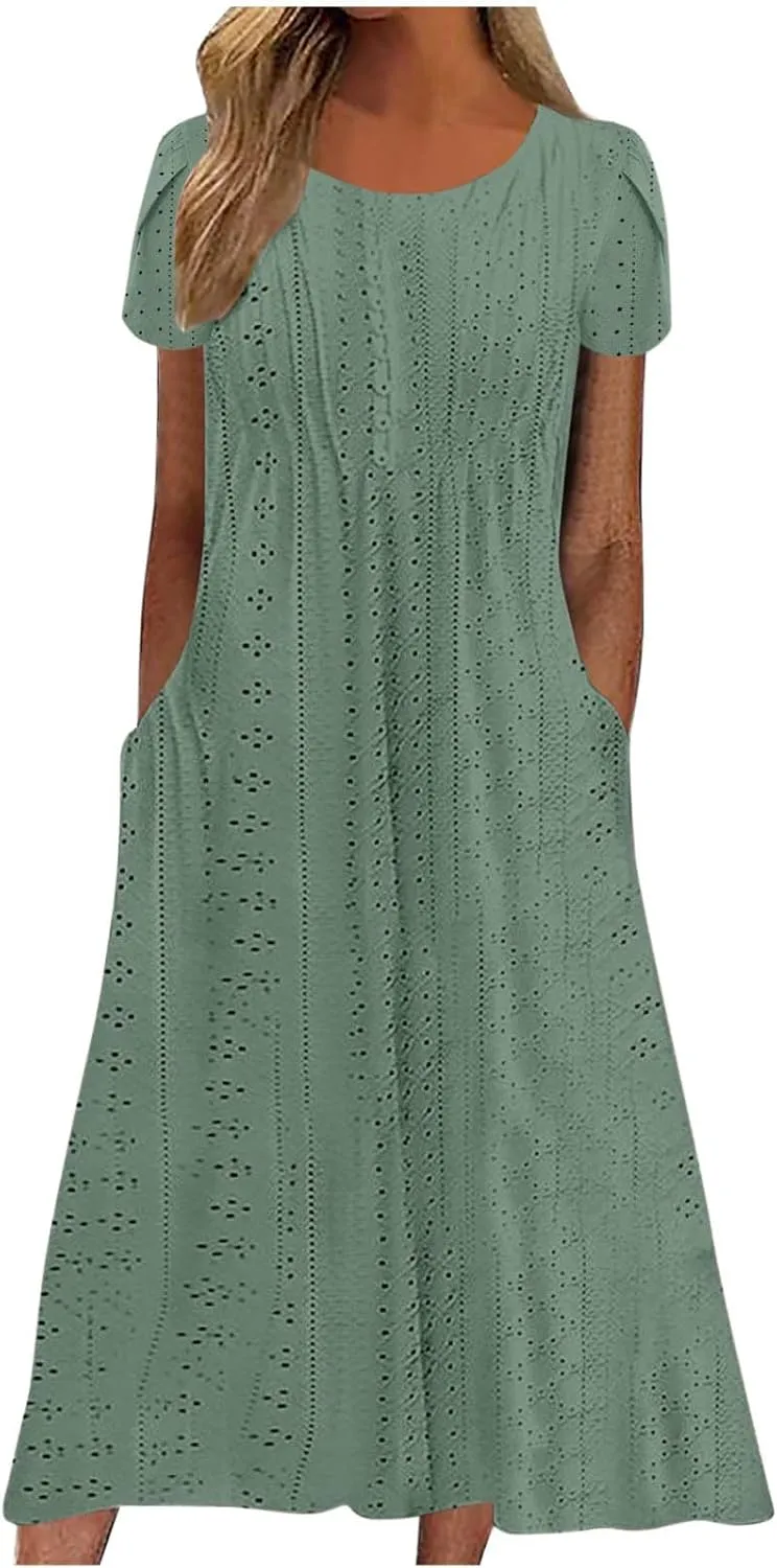Women Summer Eyelet Dress Casual Petal Short Sleeve Crew Neck Maxi Dresses Loose Tunic Sun Dress with Pockets