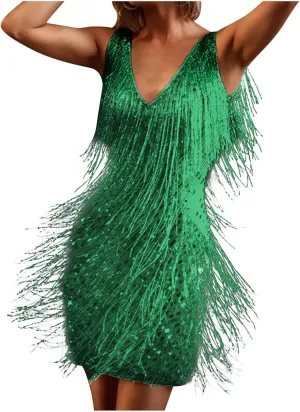 Women Tassel Sequin Dress V Neck Glitter Flapper Dresses Fringe 2025 Sparkly Club Evening Party Bodycon Plus Size