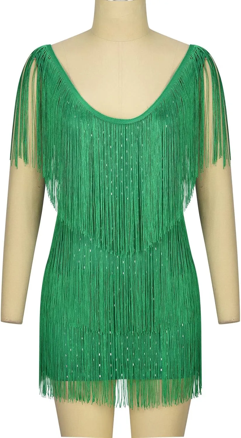 Women Tassel Sequin Dress V Neck Glitter Flapper Dresses Fringe 2025 Sparkly Club Evening Party Bodycon Plus Size