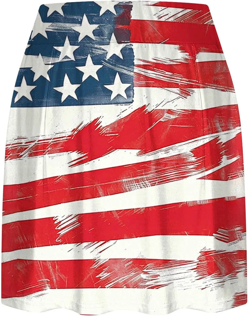 Women Tennis Skirts with Pockets High Waisted Athletic Golf Skorts Skirts Independence Day Print Yoga Leggings Shorts