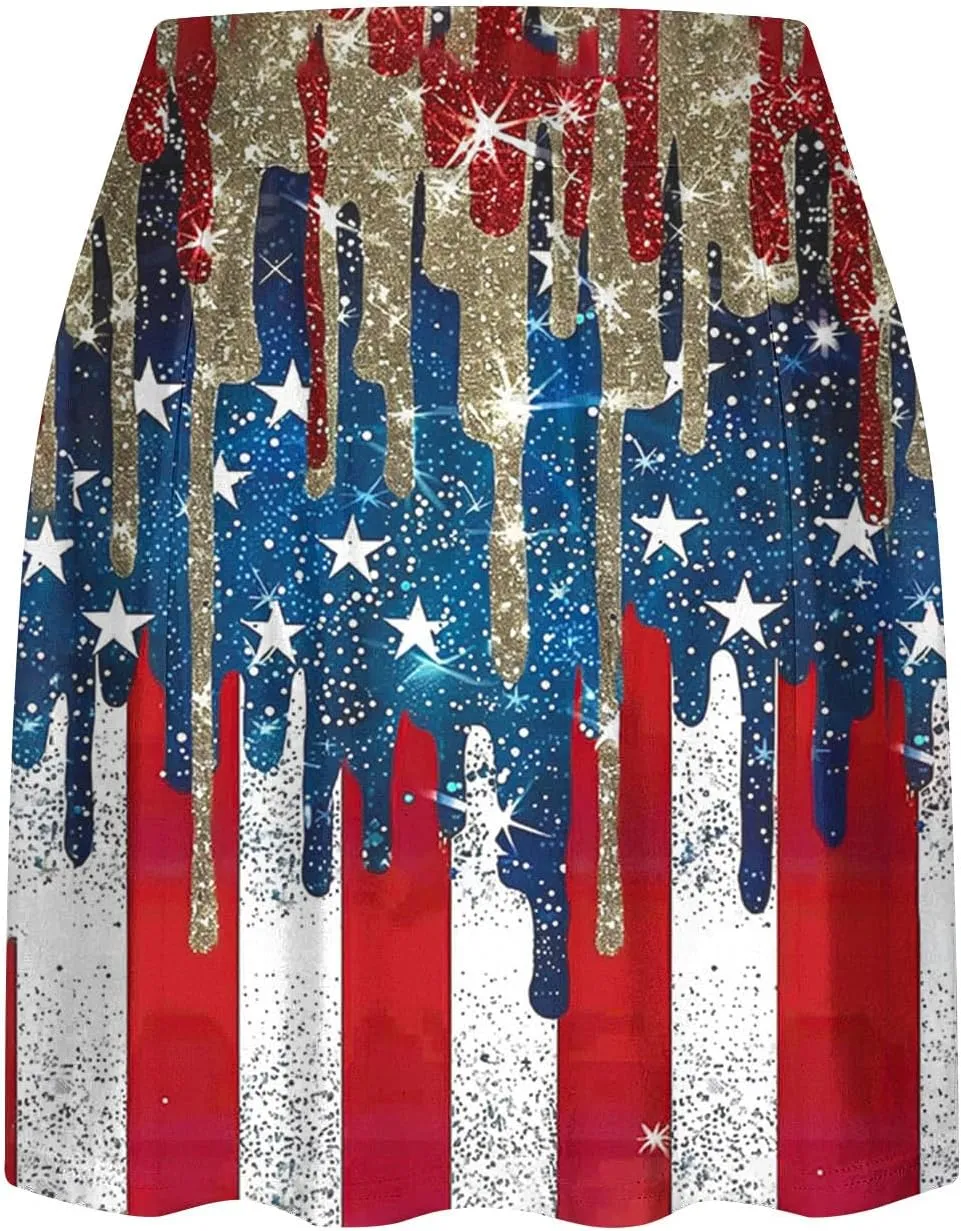 Women Tennis Skirts with Pockets High Waisted Athletic Golf Skorts Skirts Independence Day Print Yoga Leggings Shorts