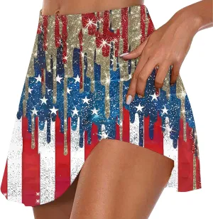 Women Tennis Skirts with Pockets High Waisted Athletic Golf Skorts Skirts Independence Day Print Yoga Leggings Shorts