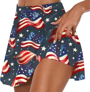 Women Tennis Skirts with Pockets High Waisted Athletic Golf Skorts Skirts Independence Day Print Yoga Leggings Shorts