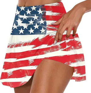 Women Tennis Skirts with Pockets High Waisted Athletic Golf Skorts Skirts Independence Day Print Yoga Leggings Shorts