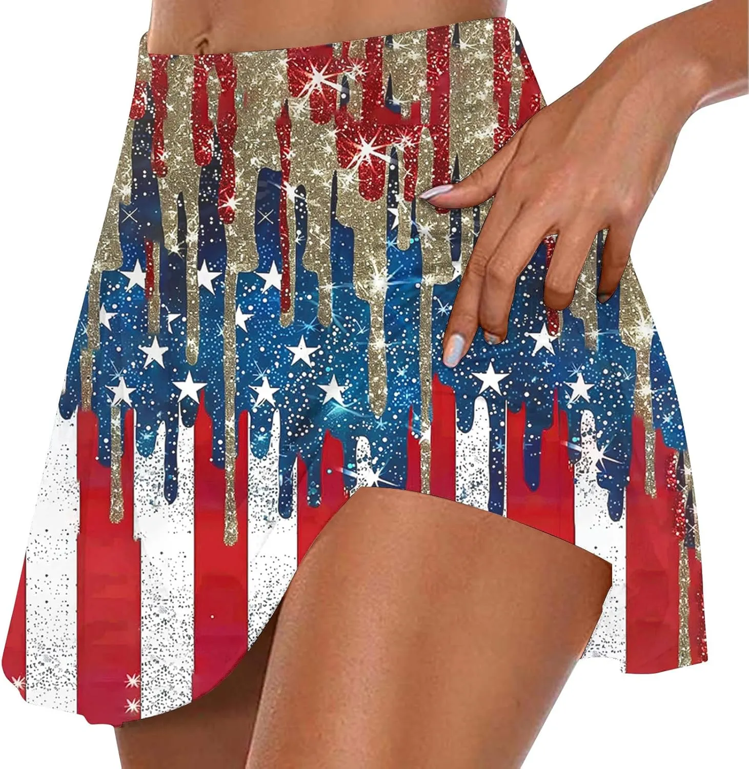 Women Tennis Skirts with Pockets High Waisted Athletic Golf Skorts Skirts Independence Day Print Yoga Leggings Shorts