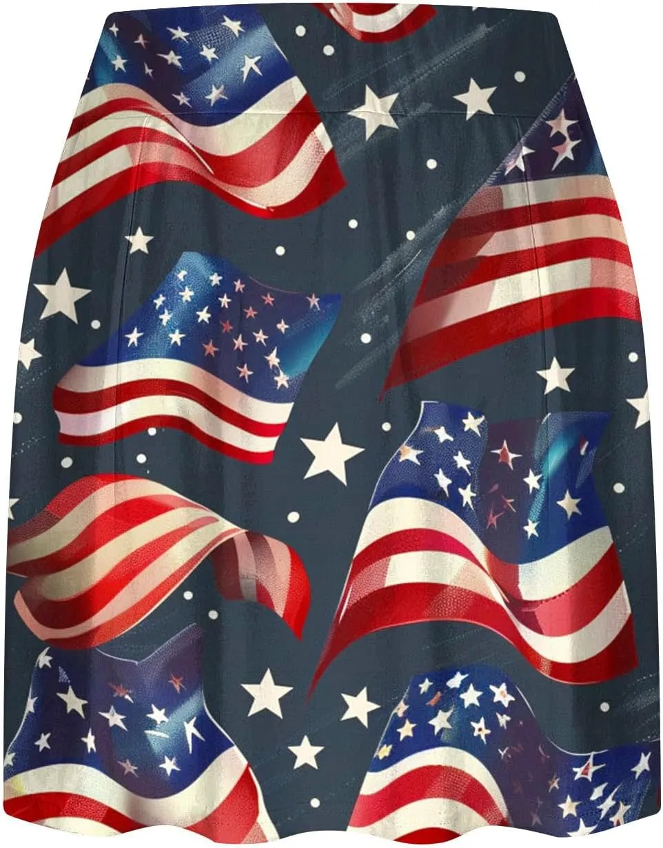Women Tennis Skirts with Pockets High Waisted Athletic Golf Skorts Skirts Independence Day Print Yoga Leggings Shorts