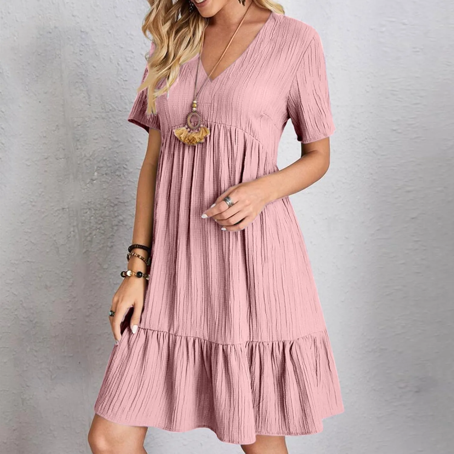 Women V Neck Casual Dresses Summer Loose Short Sleeve Mini Dress Ruffle Cute Beach Swing Boho 2025 Vacation Outfits