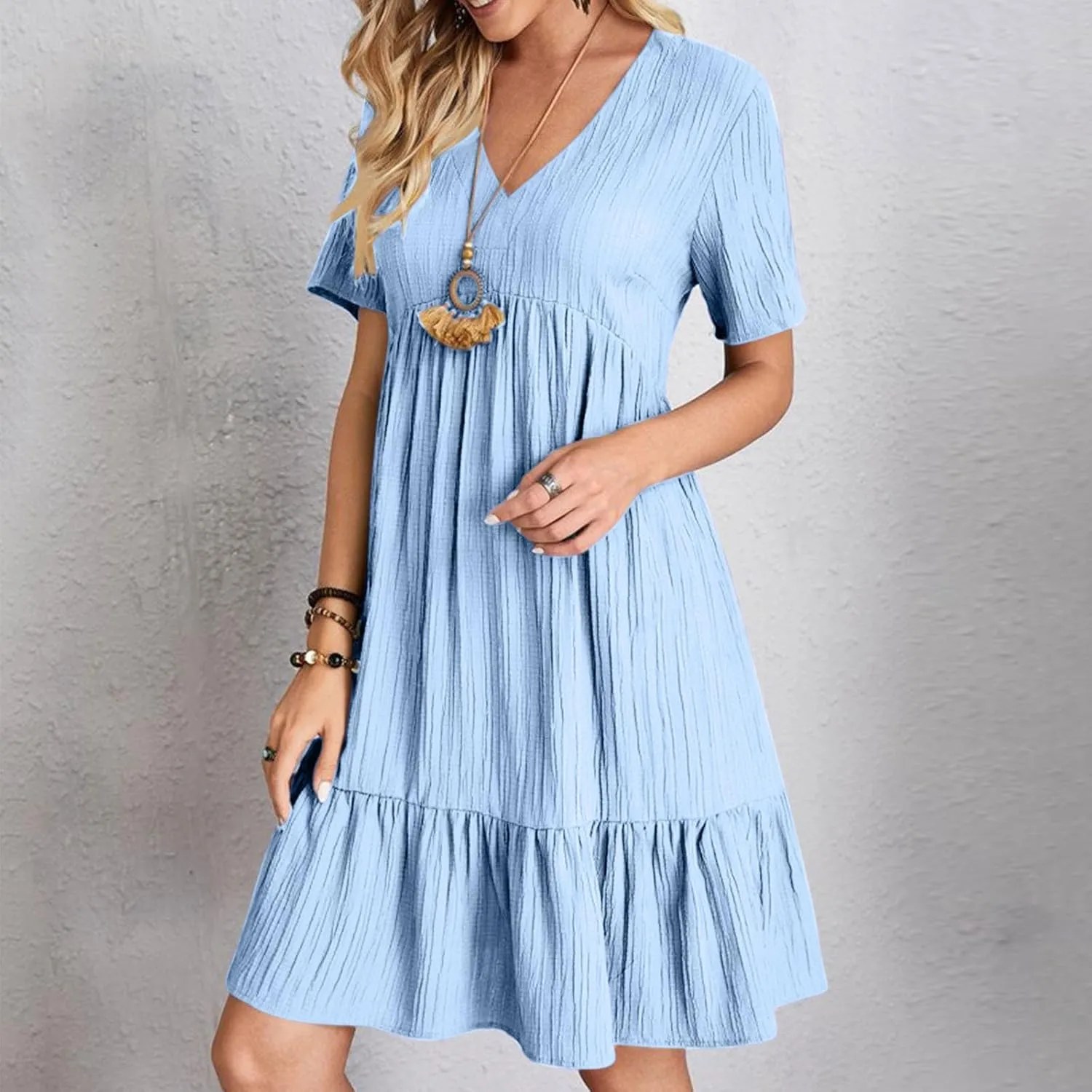 Women V Neck Casual Dresses Summer Loose Short Sleeve Mini Dress Ruffle Cute Beach Swing Boho 2025 Vacation Outfits