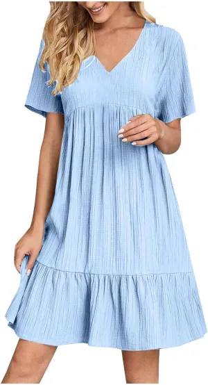 Women V Neck Casual Dresses Summer Loose Short Sleeve Mini Dress Ruffle Cute Beach Swing Boho 2025 Vacation Outfits