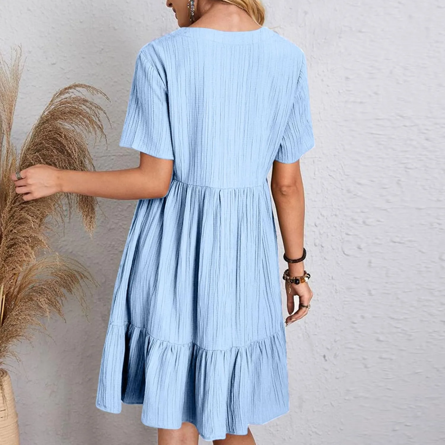 Women V Neck Casual Dresses Summer Loose Short Sleeve Mini Dress Ruffle Cute Beach Swing Boho 2025 Vacation Outfits