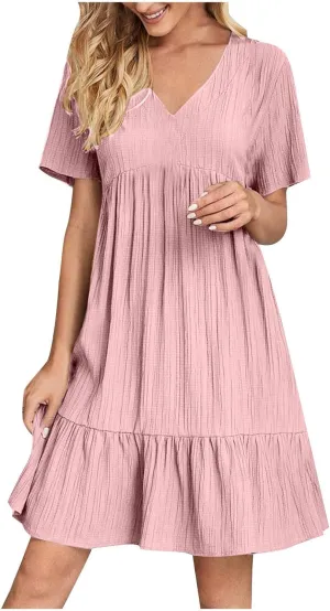Women V Neck Casual Dresses Summer Loose Short Sleeve Mini Dress Ruffle Cute Beach Swing Boho 2025 Vacation Outfits