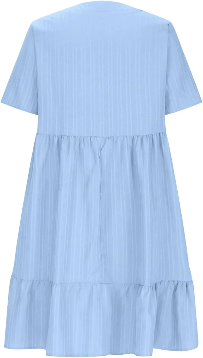 Women V Neck Casual Dresses Summer Loose Short Sleeve Mini Dress Ruffle Cute Beach Swing Boho 2025 Vacation Outfits