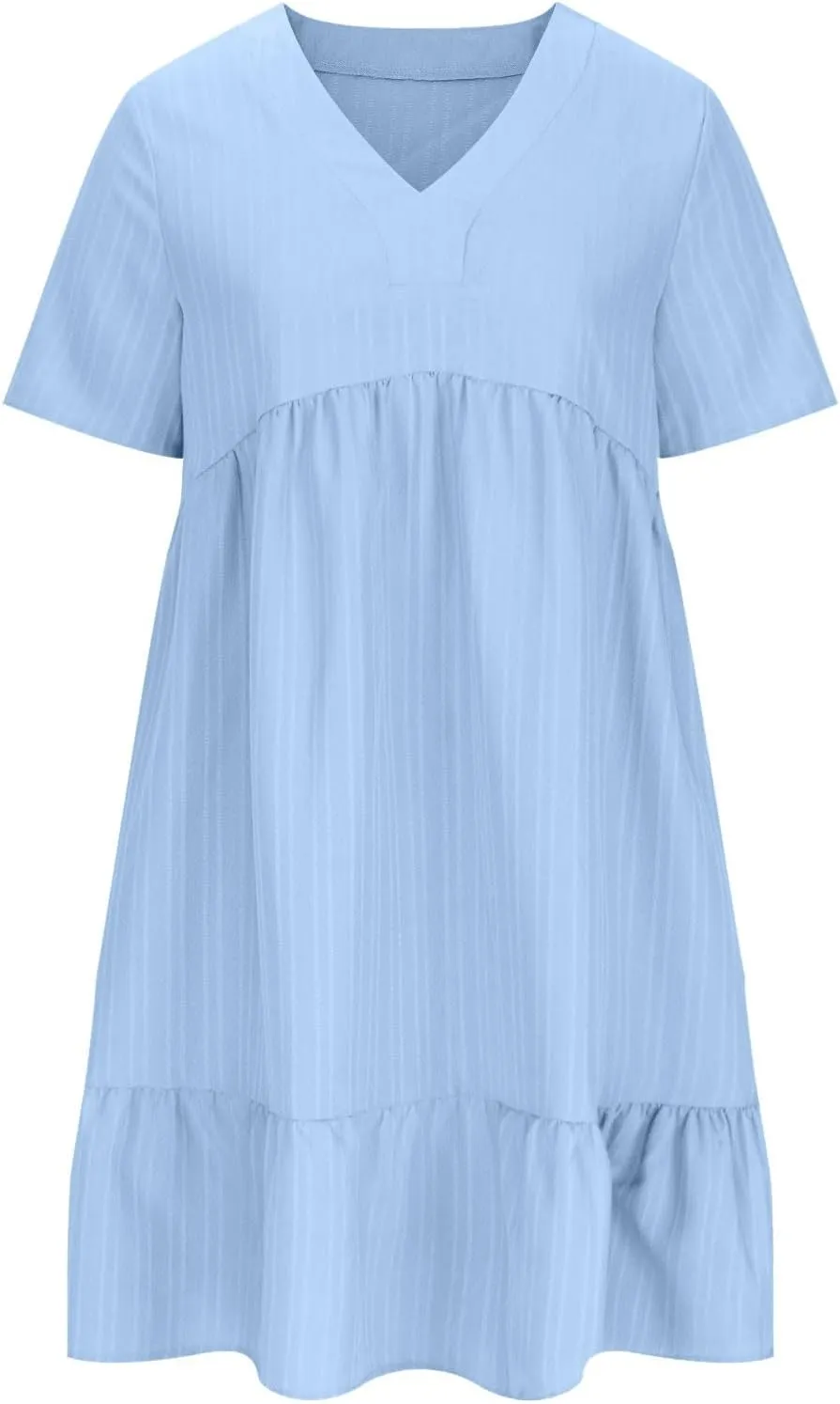 Women V Neck Casual Dresses Summer Loose Short Sleeve Mini Dress Ruffle Cute Beach Swing Boho 2025 Vacation Outfits
