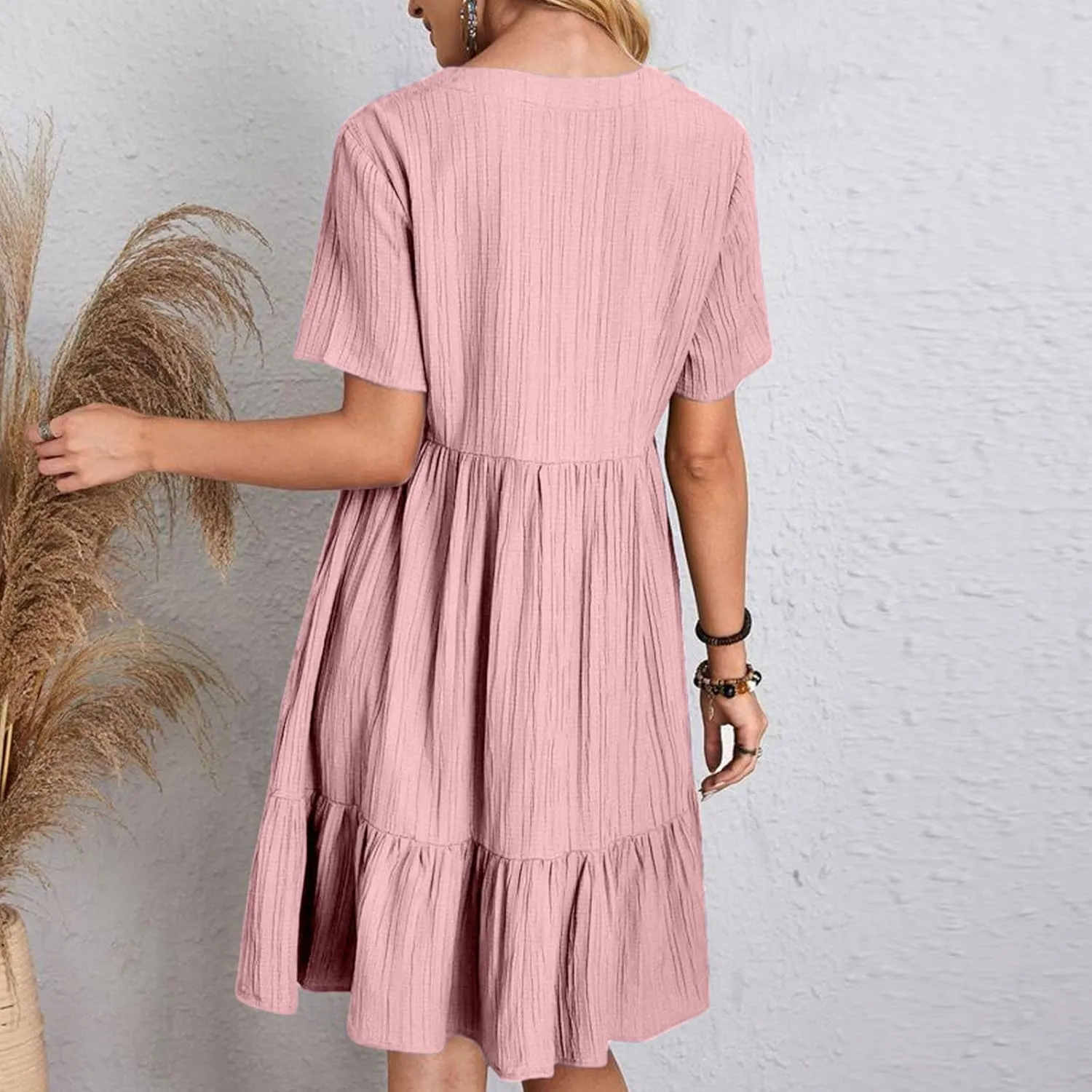 Women V Neck Casual Dresses Summer Loose Short Sleeve Mini Dress Ruffle Cute Beach Swing Boho 2025 Vacation Outfits