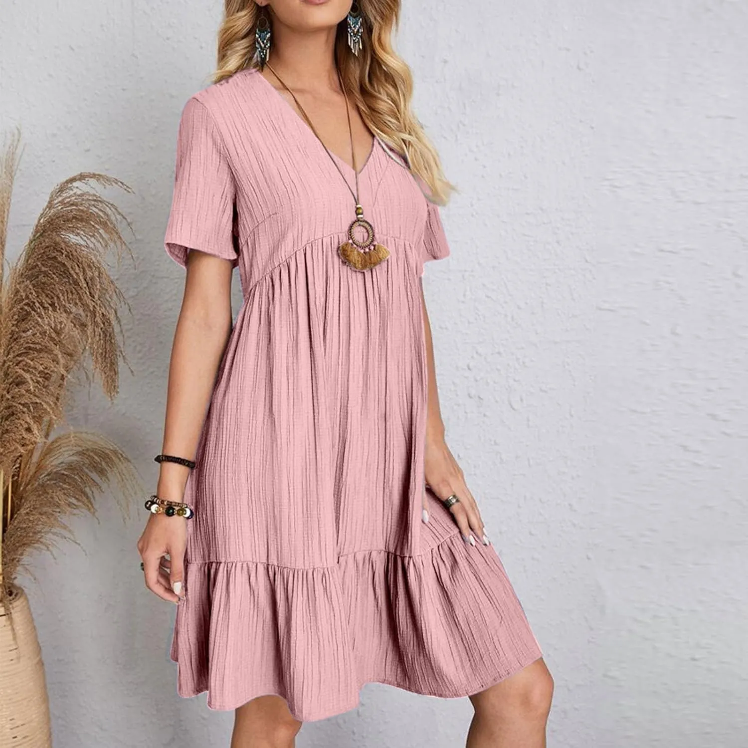 Women V Neck Casual Dresses Summer Loose Short Sleeve Mini Dress Ruffle Cute Beach Swing Boho 2025 Vacation Outfits