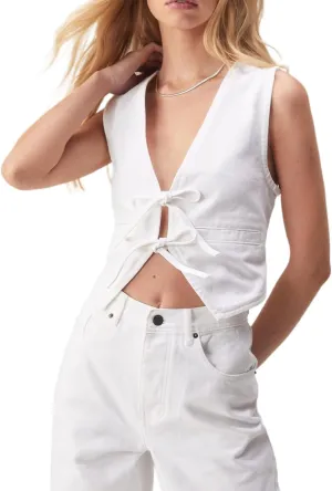 Women Y2K Denim Vest Deep V Neck Tie Up Front Sleeveless Jean Tank Top Waistcoat Jacket Low Cut Cropped Vest