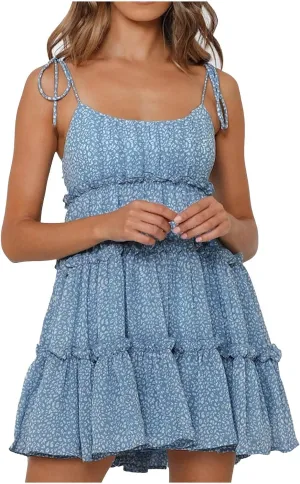 Womens 2024 Summer Floral Mini Dress Adjustable Spaghetti Strap Solid/Boho Flowy Ruffle Sleeveless Elegant/Sexy Mini Dress