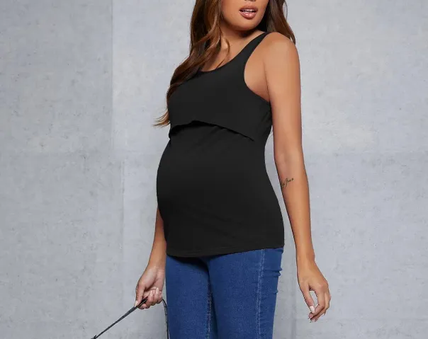 Women's black cotton maternity & nursing classic tank top