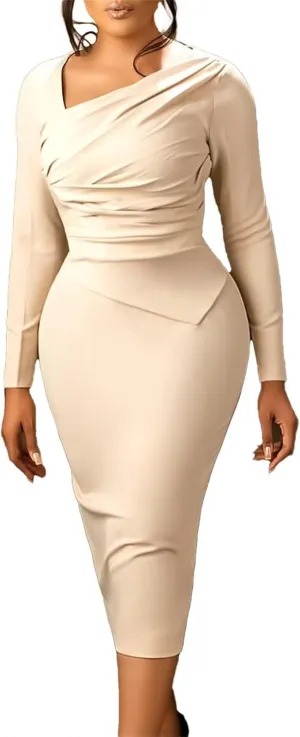 Women's Bodycon Pencil Dress for Cocktail Party Long Sleeve Elegant Midi Dresses Fitted Vintage Church Dresses