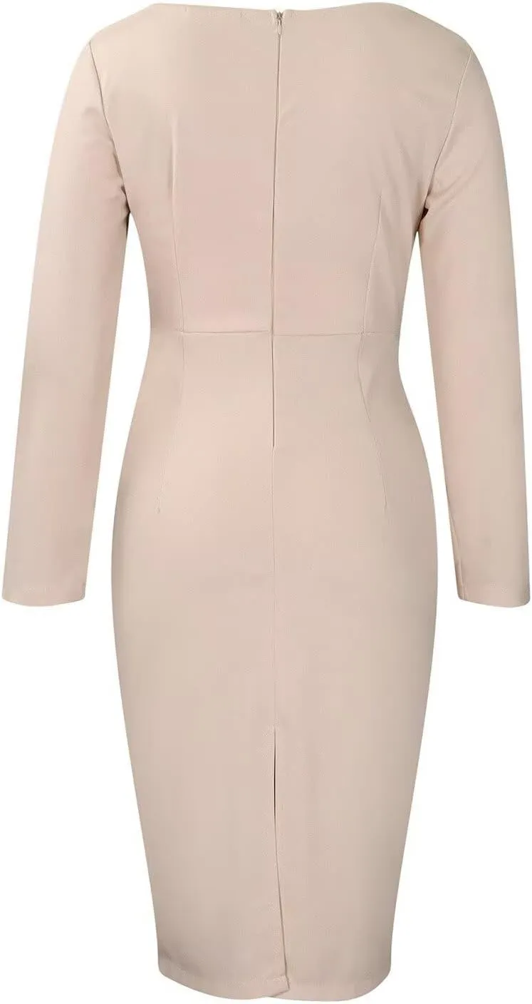 Women's Bodycon Pencil Dress for Cocktail Party Long Sleeve Elegant Midi Dresses Fitted Vintage Church Dresses