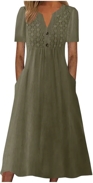 Women's Boho Button Down Lace Floral Dress Fashion Summer Short Sleeve Sexy V Neck Midi Trendy Casual Elegant Dresses
