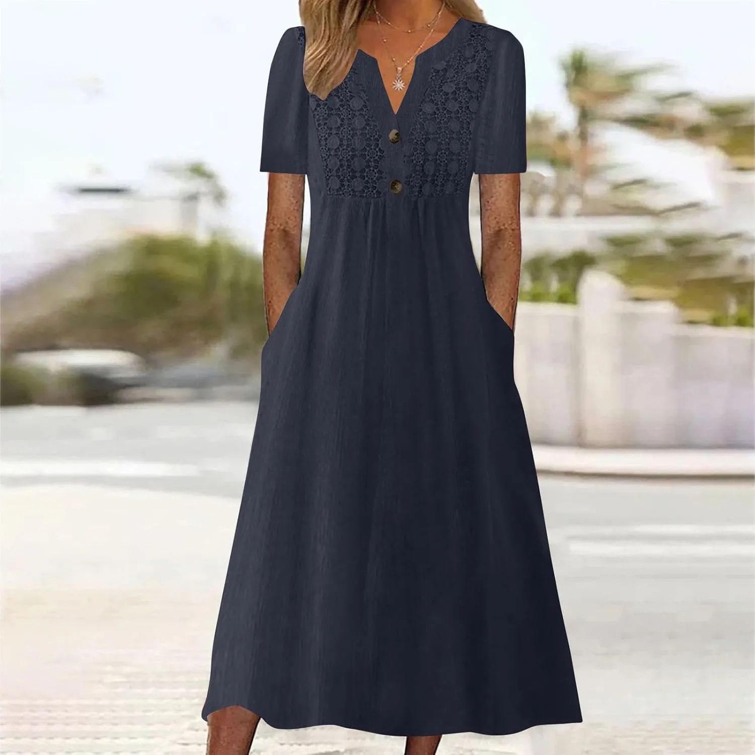 Women's Boho Button Down Lace Floral Dress Fashion Summer Short Sleeve Sexy V Neck Midi Trendy Casual Elegant Dresses