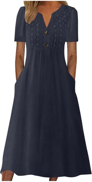 Women's Boho Button Down Lace Floral Dress Fashion Summer Short Sleeve Sexy V Neck Midi Trendy Casual Elegant Dresses